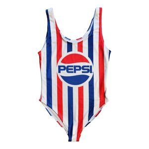 Pepsi Women's One Piece Swimsuit Size Large Red White Blue Striped Bathing Suit